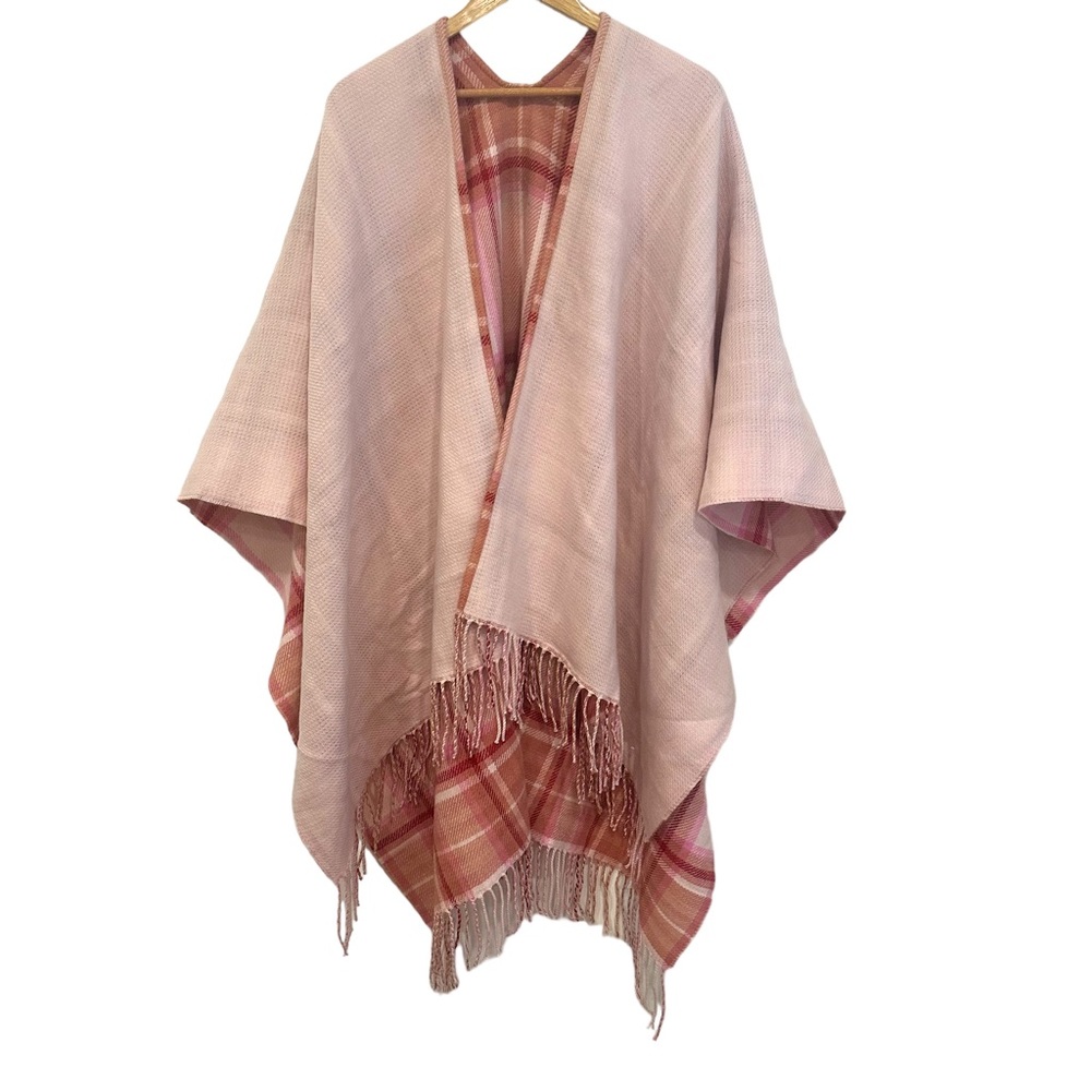 J Crew Pink Plaid Reversible Blanket Poncho Wrap Size M/L NWT - Picture 3 of 9